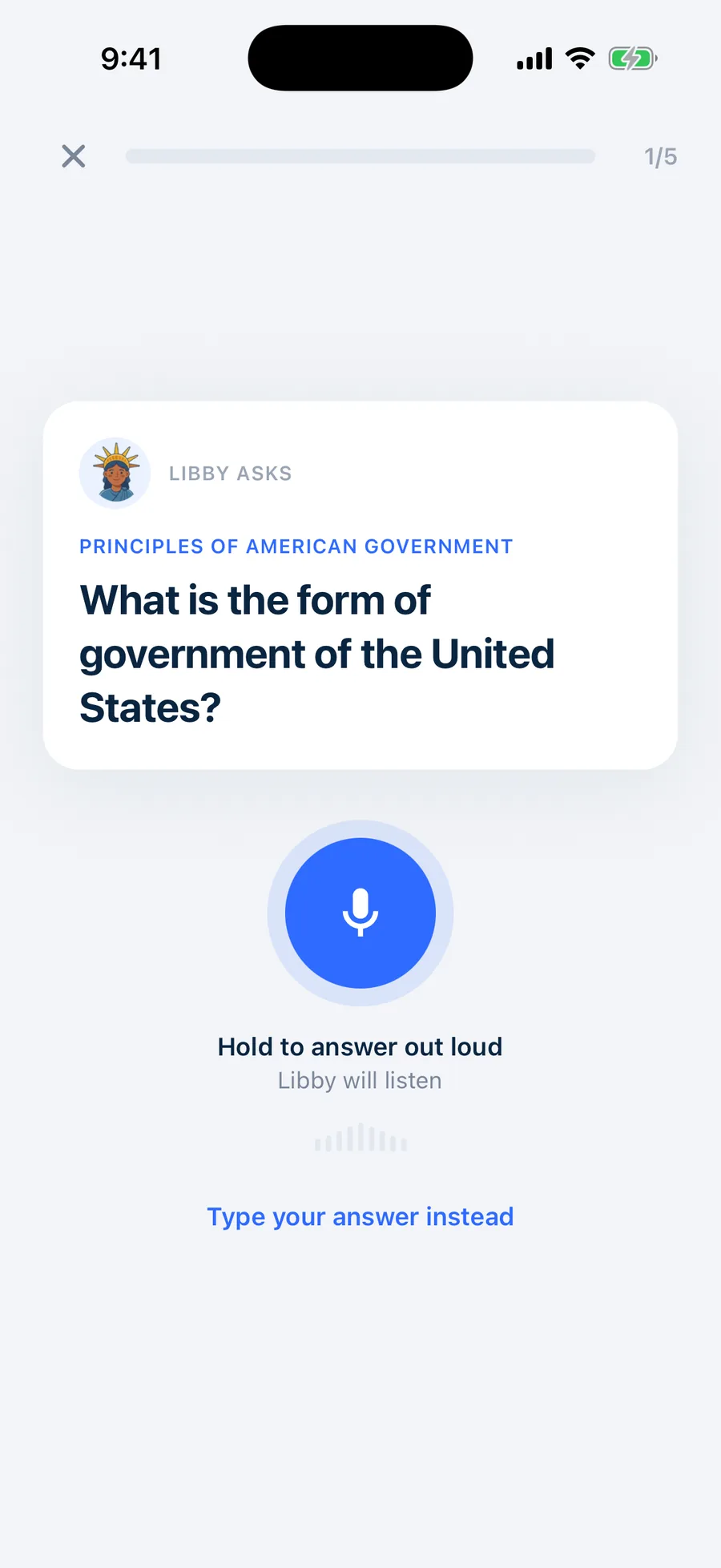 A lesson card where Libby asks a civics question out loud, with a hold-to-answer microphone button