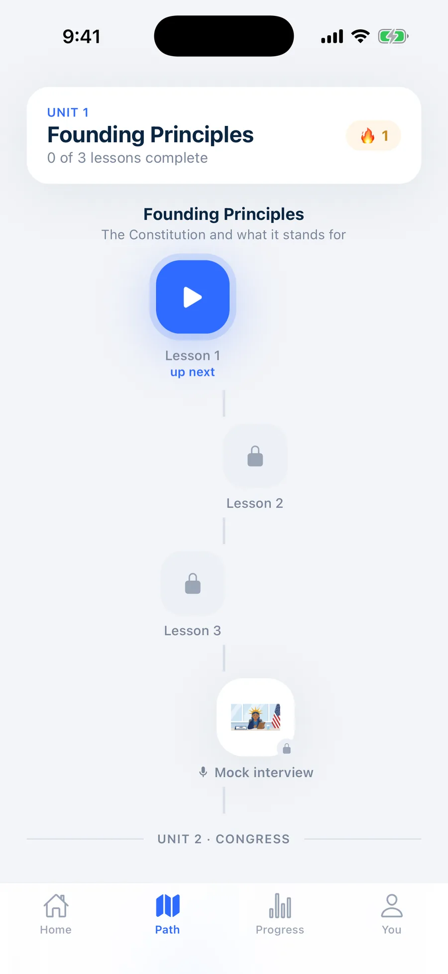 The Path screen: a winding map of lessons in the Founding Principles unit, ending in a mock interview with Libby