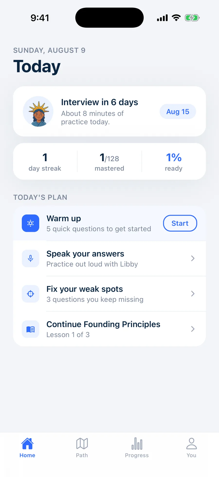 The OathBuddy Today screen: interview countdown, streak and mastery stats, and a daily study plan