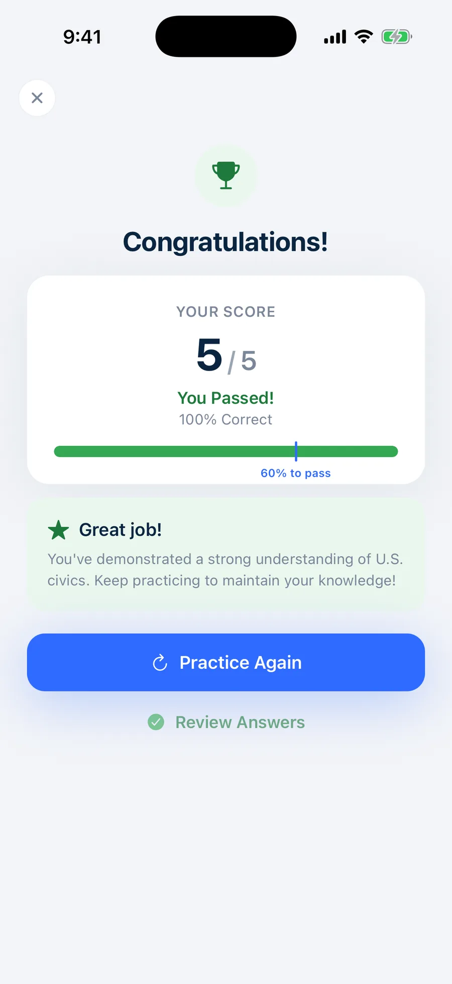 A practice-round results screen showing a 5 out of 5 score and a passing bar